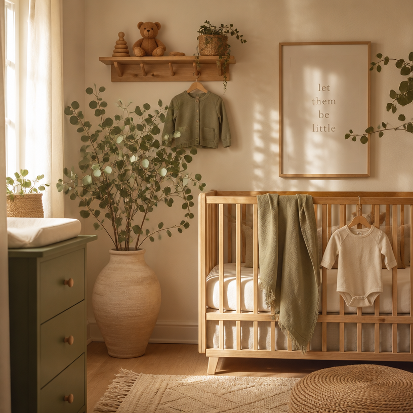 A softly lit nursery with a wooden crib, eucalyptus, and natural textures